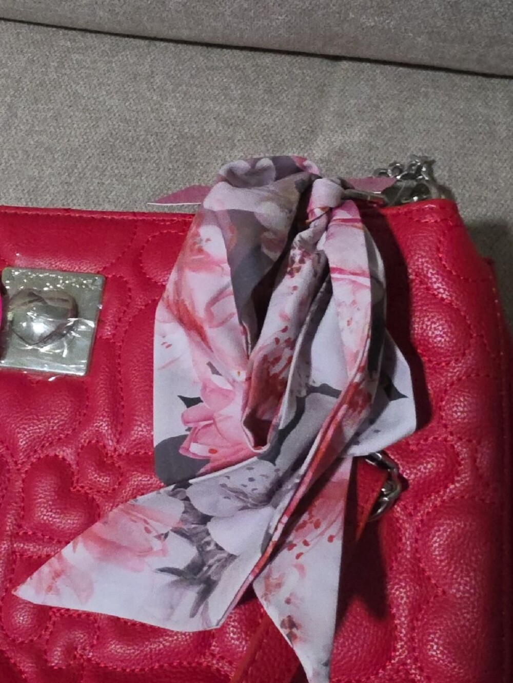 Betsey Johnson Red Quilted Heart-Pattern Shoulder Bag with Floral Scarf Accent - Picture 7 of 7